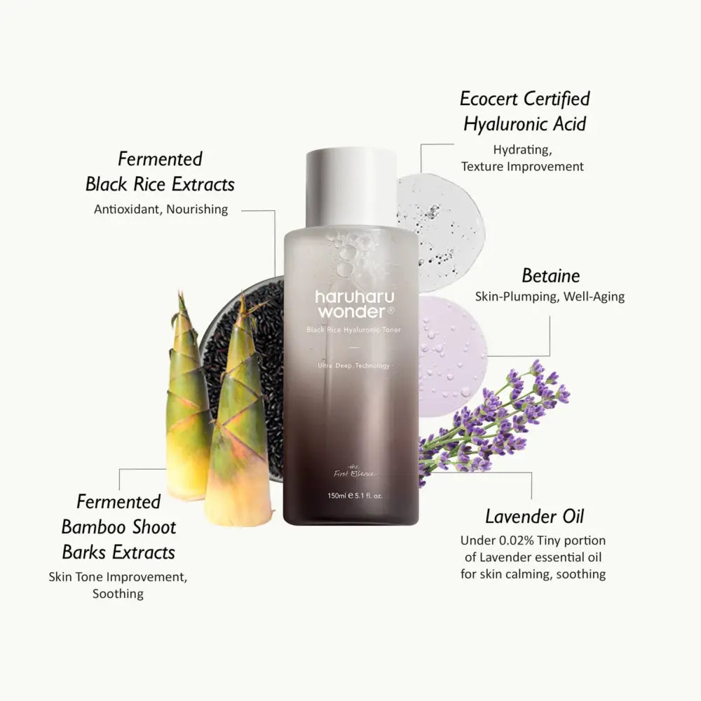 A sleek gradient-tinted glass bottle of haruharu wonder black rice hydrating toner with a minimalist white cap designed for authentic k-beauty and korean skincare south africa