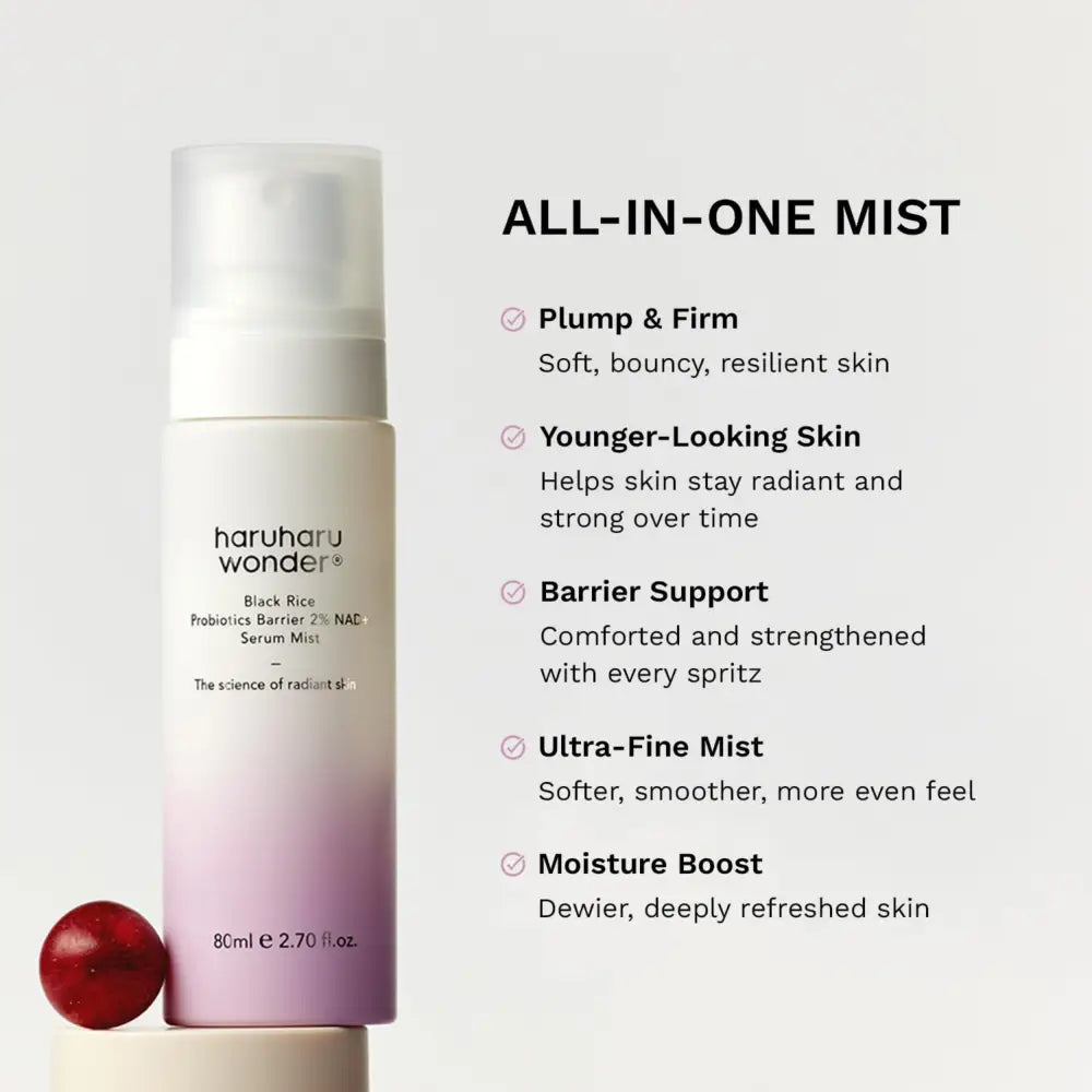 A sleek gradient pink to white cylindrical mist bottle with frosted nozzle for black rice probiotics barrier serum