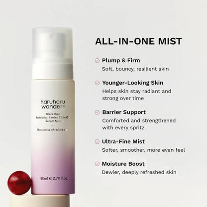 A sleek gradient pink to white cylindrical mist bottle with frosted nozzle for black rice probiotics barrier serum
