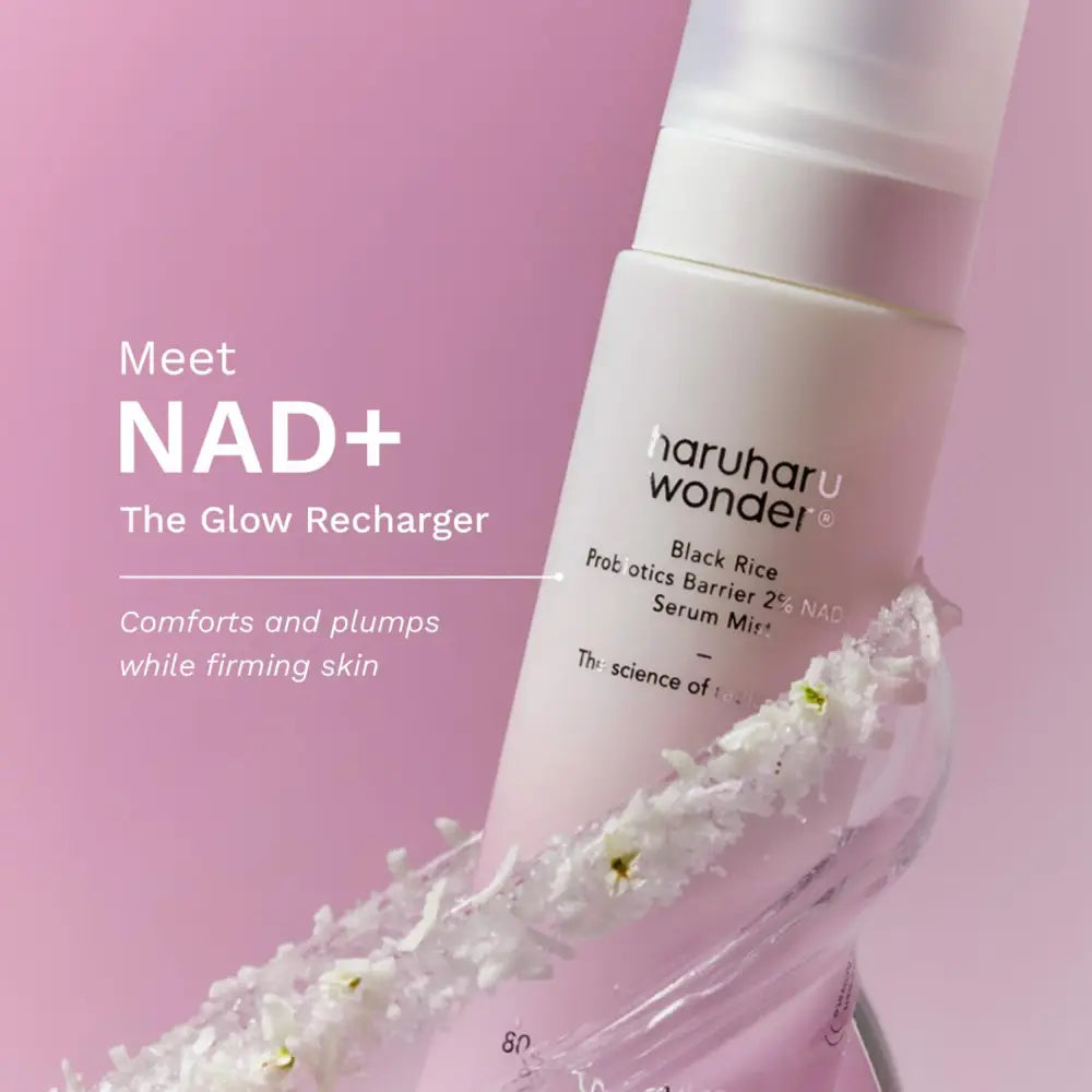 A sleek white bottle of haruharu wonder black rice probiotics barrier 2% nad serum mist with ferment filtrate and clear spray nozzle