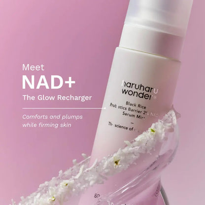 A sleek white bottle of haruharu wonder black rice probiotics barrier 2% nad serum mist with ferment filtrate and clear spray nozzle