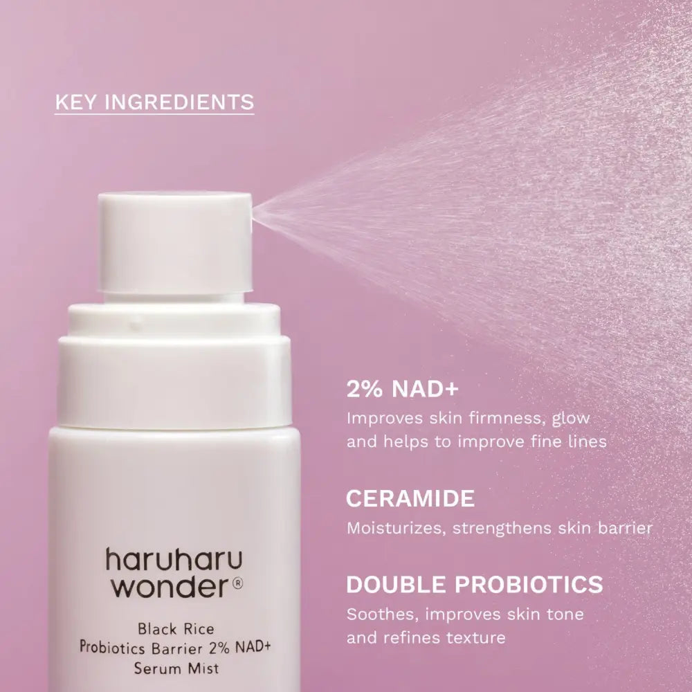 White haruharu wonder black rice probiotics barrier 2% nad serum mist bottle with ferment filtrate and minimalist design