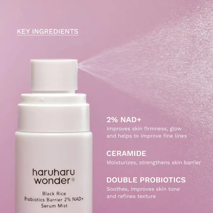White haruharu wonder black rice probiotics barrier 2% nad serum mist bottle with ferment filtrate and minimalist design