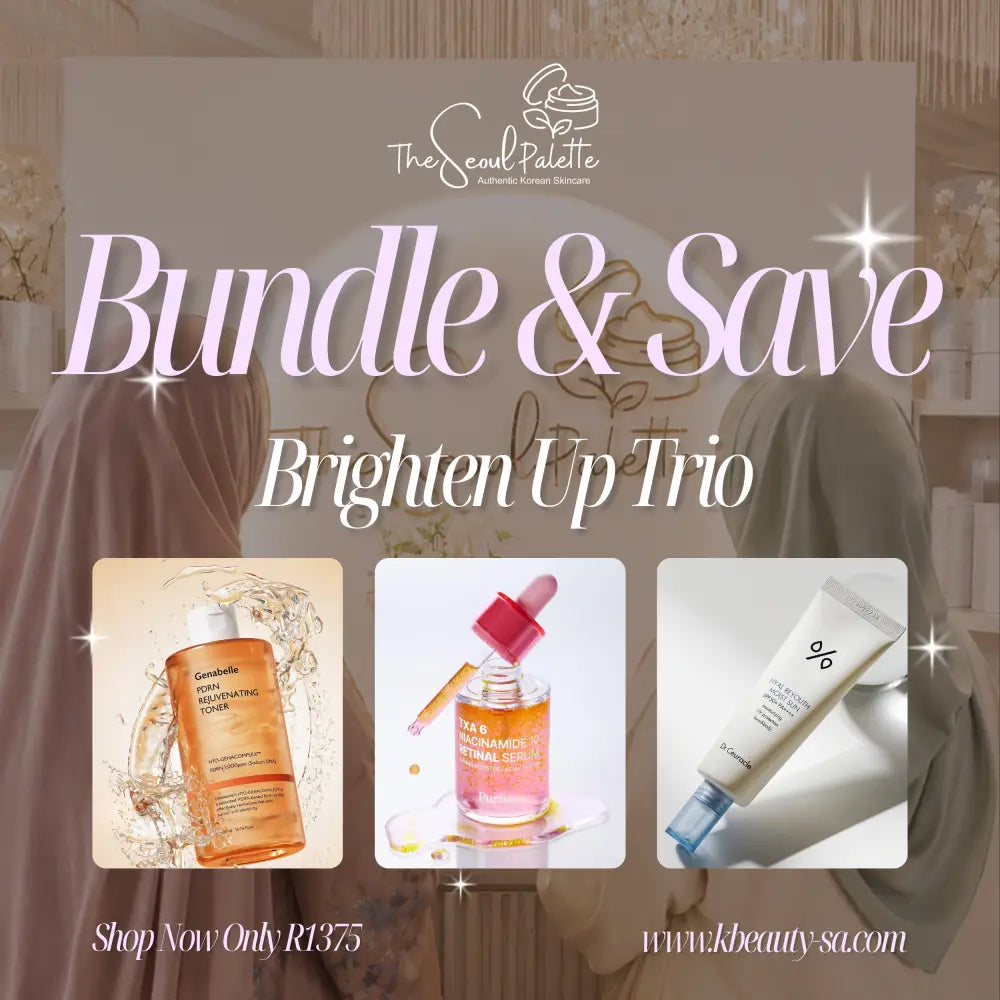 The Seoul Palette brighten up trio includes a translucent orange gensabelle regenerating toner and a pink aha b n dropper bottle for skin brightening
