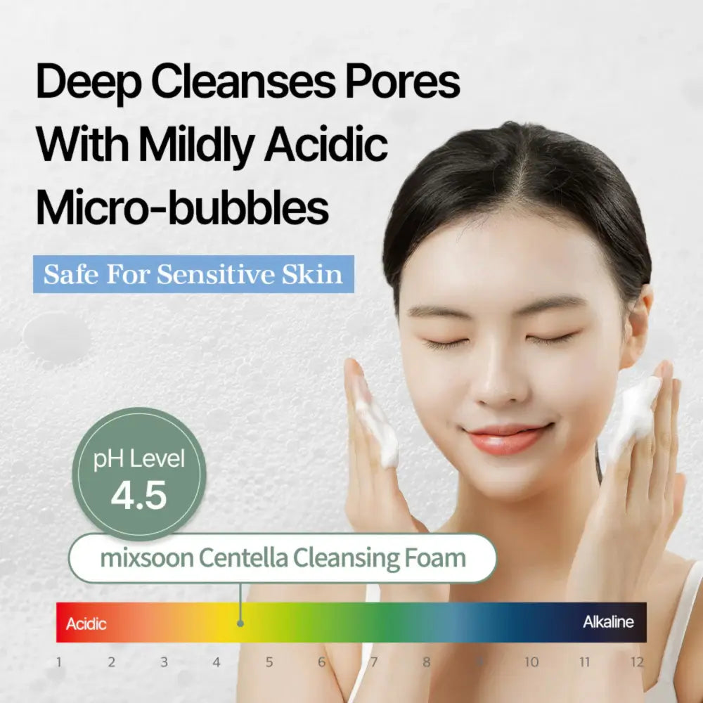 Mixsoon centella cleansing foam 150ml with gentle white foam and mildly acidic micro-bubbles for sensitive skin