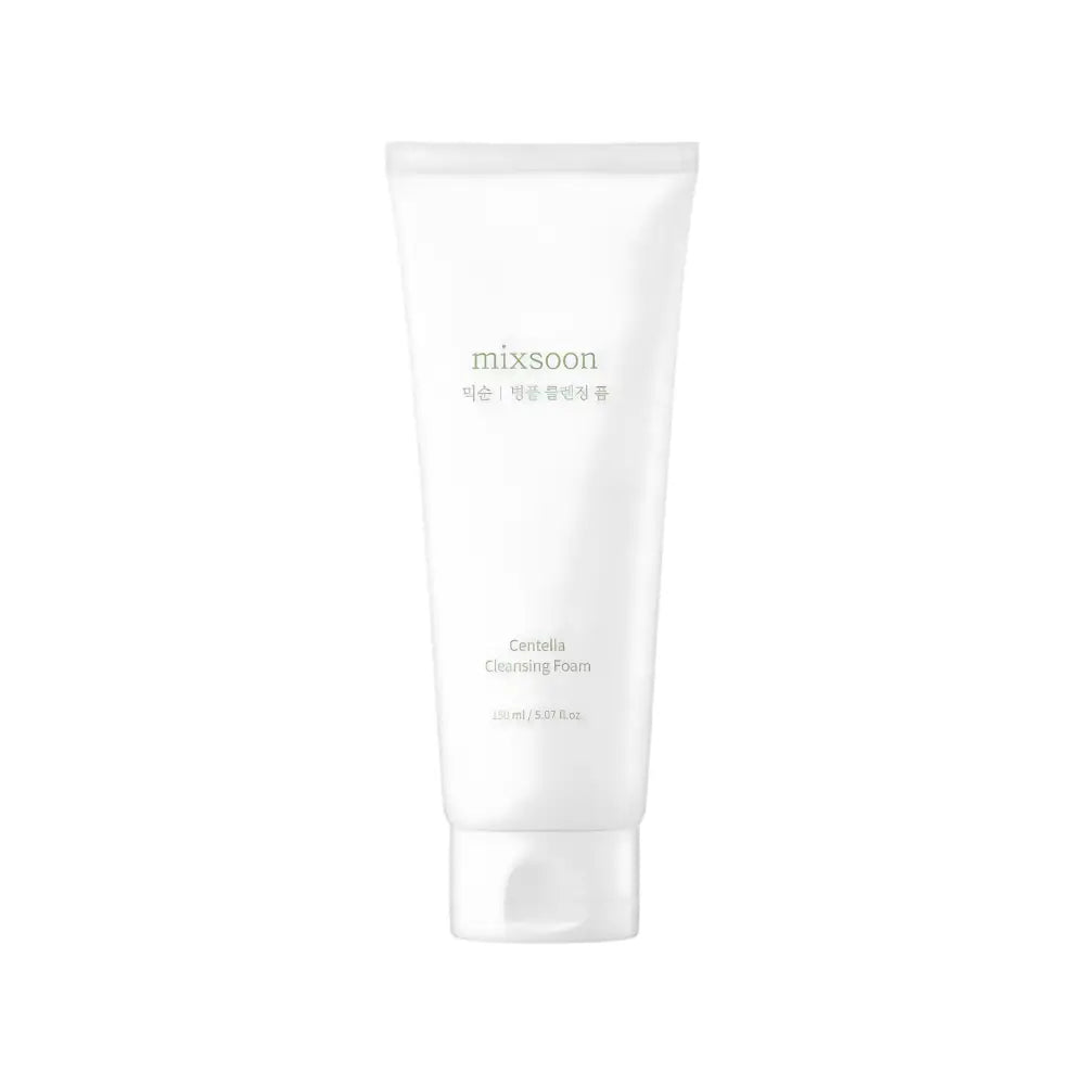 A sleek white tube of mixsoon centella cleansing foam 150ml with minimalist branding and a smooth matte finish