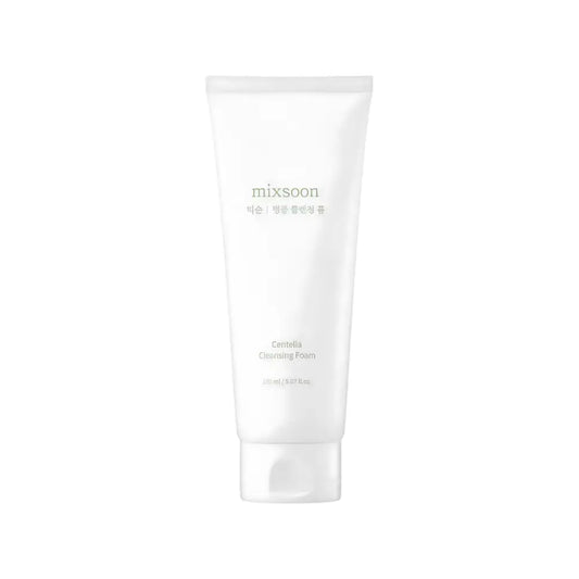 A sleek white tube of mixsoon centella cleansing foam 150ml with minimalist branding and a smooth matte finish