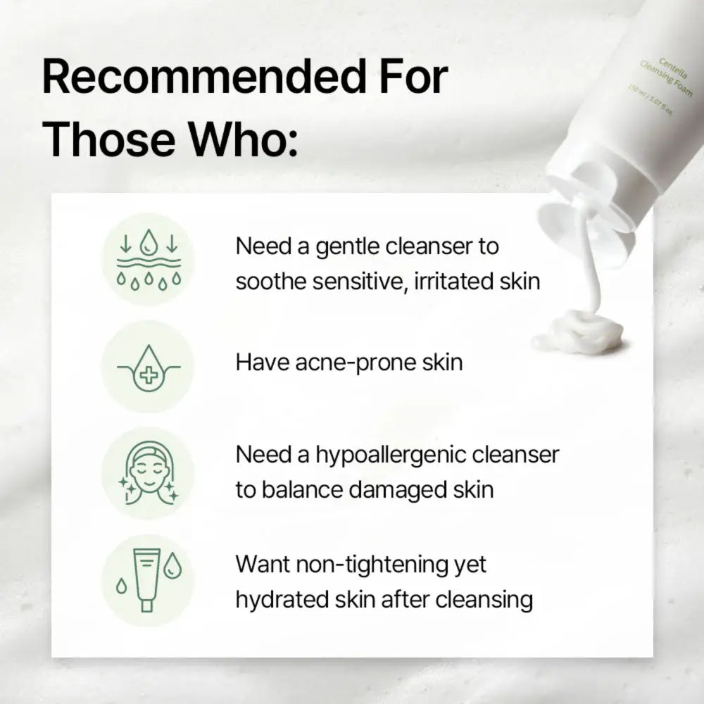 A white tube of centella cleansing foam 150ml with matching cap dispensing creamy lather for gentle cleansing
