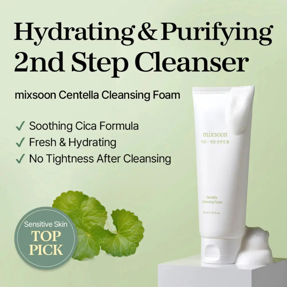 White tube of Mixsoon centella cleansing foam 150ml hydrating and purifying with soothing cica formula for centella cleansing