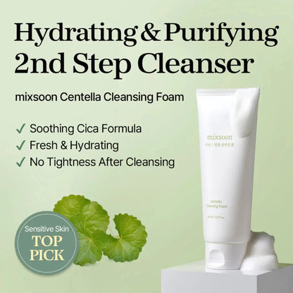 White tube of Mixsoon centella cleansing foam 150ml hydrating and purifying with soothing cica formula for centella cleansing