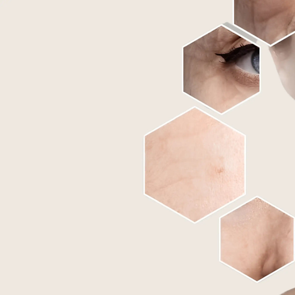 A close-up of a human eye with dark eyeliner and light blue irises, framed within a hexagonal cutout.