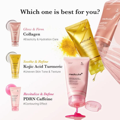 Pink medicube collagen night wrapping mask 75ml with glossy finish and clear cap featuring black medicube text