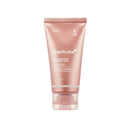 A sleek rose-gold medicube collagen night wrapping mask tube with a clear flip-top cap and minimalist white text