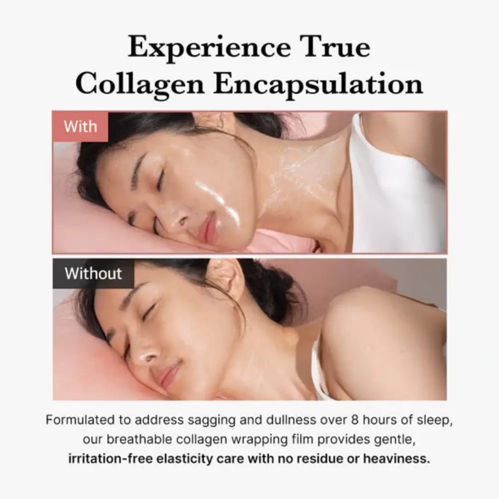 A translucent gel-like collagen night wrapping film designed for overnight use in a night wrapping mask 75ml