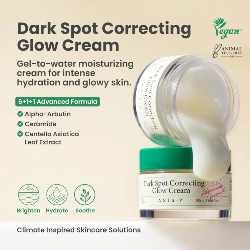 A clear glass jar with a green lid containing axis-y dark spot correcting glow cream gel for authentic korean skincare south africa