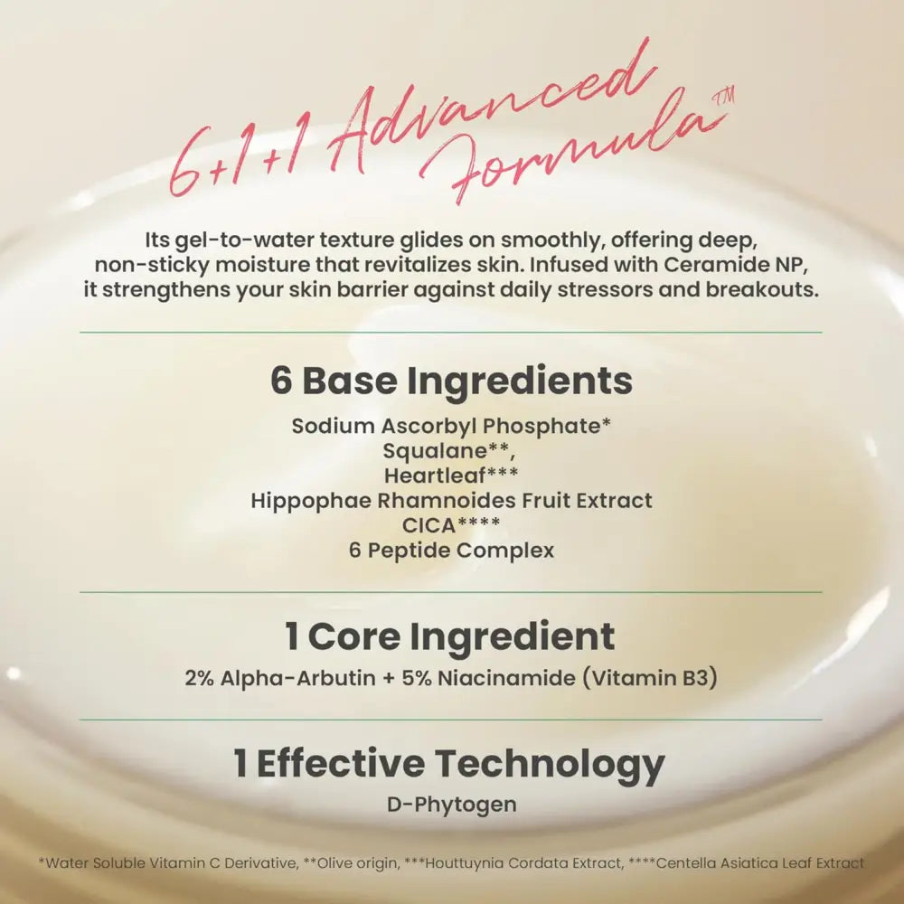 Dark spot correcting glow cream with creamy beige gel texture featuring ceramide np and alpha arbutin for k-beauty south africa