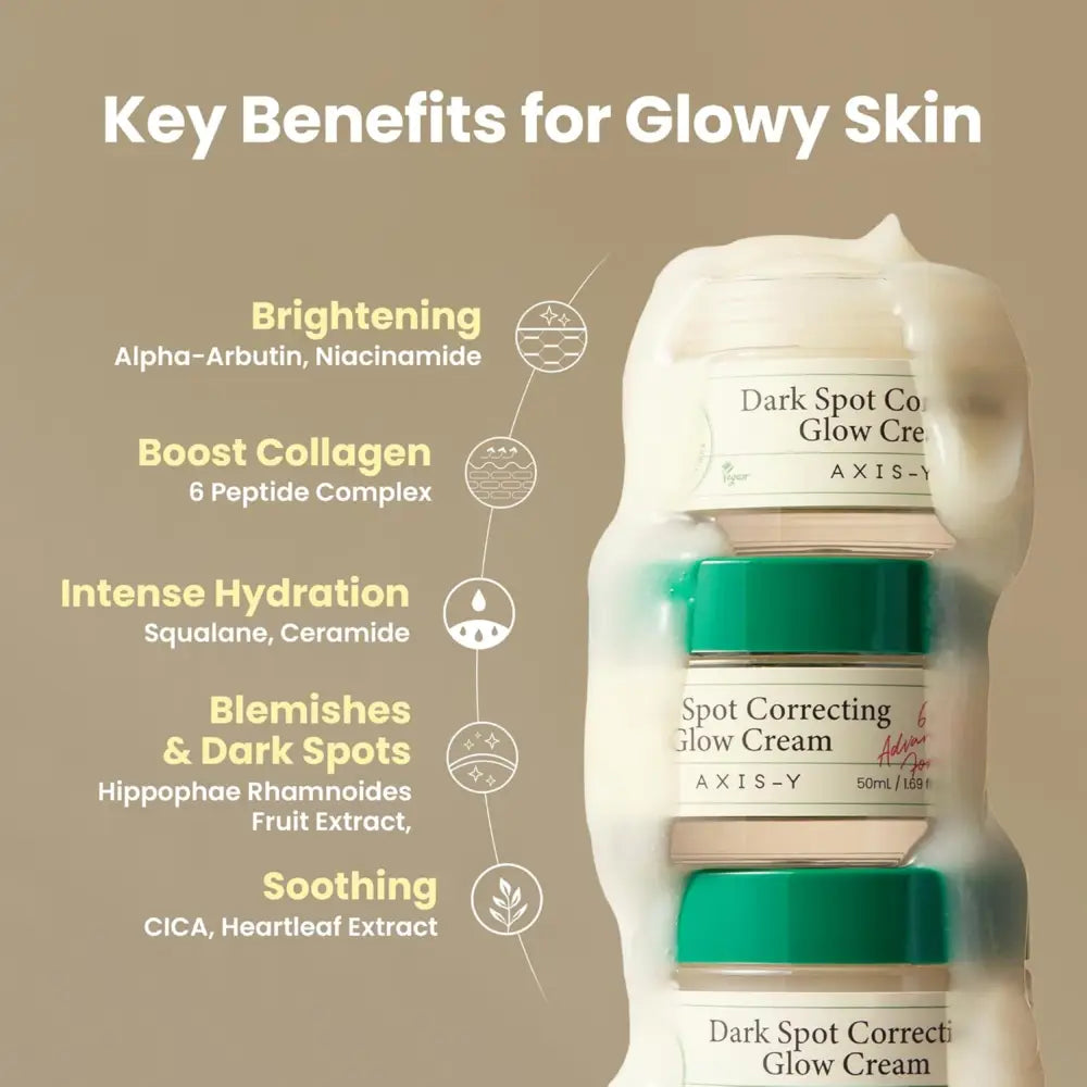 Three stacked white jars with green lids labeled dark spot correcting glow cream by axis-y for authentic korean skincare south africa