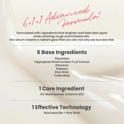 A creamy white dark spot correcting glow serum bottle with 6+1+1 formula featuring niacinamide and rice bran for moisture barrier