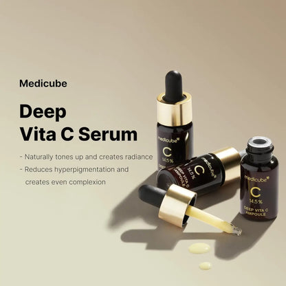 Medicube deep vita c ampoule in sleek black glass dropper bottles with gold accents and 14.5 percent concentration for radiant skin from the best korean skincare brands sa
