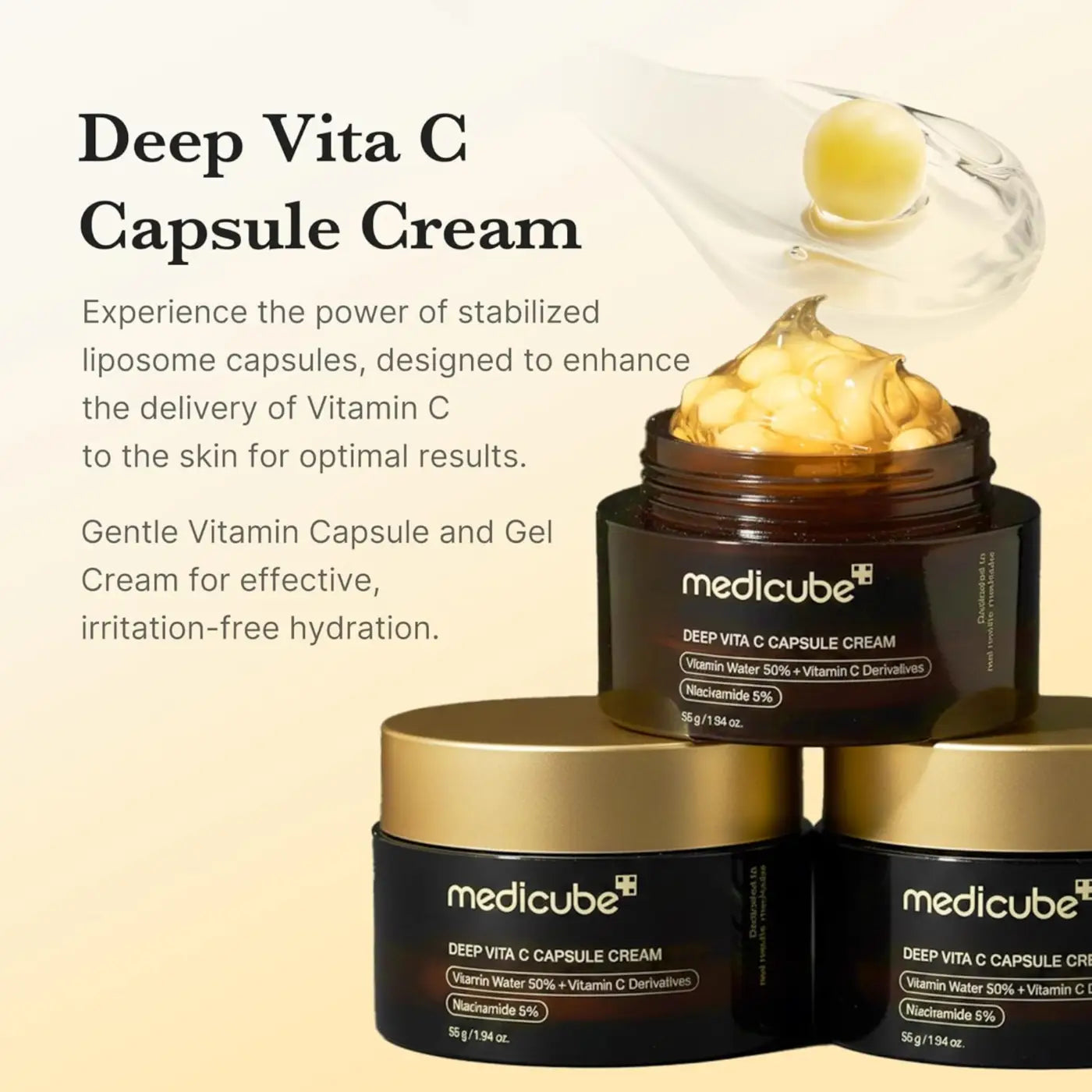 Dark brown glass jar with gold lid containing medicube deep vita c capsule cream 55g capsule cream product