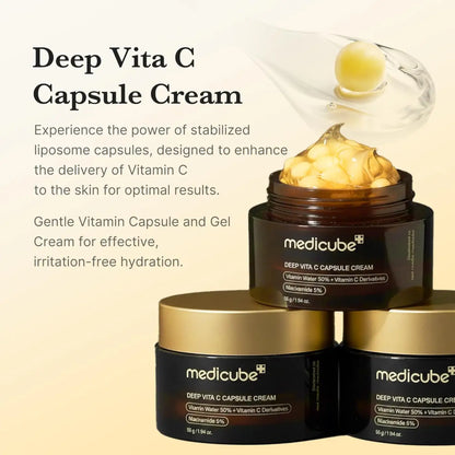 Dark brown glass jar with gold lid containing medicube deep vita c capsule cream 55g capsule cream product