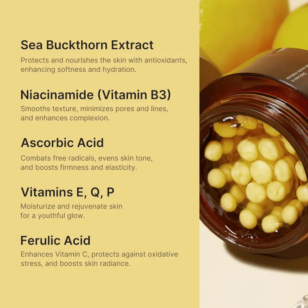 A dark amber glass jar of deep vita c capsule cream 55g filled with golden-yellow vita c capsules for skincare