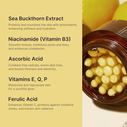 A dark amber glass jar of deep vita c capsule cream 55g filled with golden-yellow vita c capsules for skincare
