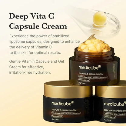 Dark brown glass jar with gold lid labeled deep vita c capsule cream by medicube containing 55g capsule cream