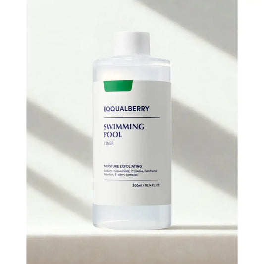 Clear plastic equalberry swimming pool toner bottle with white cap and green accent label in glass skin glow set