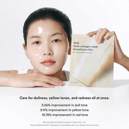 A woman wearing a translucent sheet mask holds a beige abib glow collagen mask glutathione film packet k-beauty South Africa