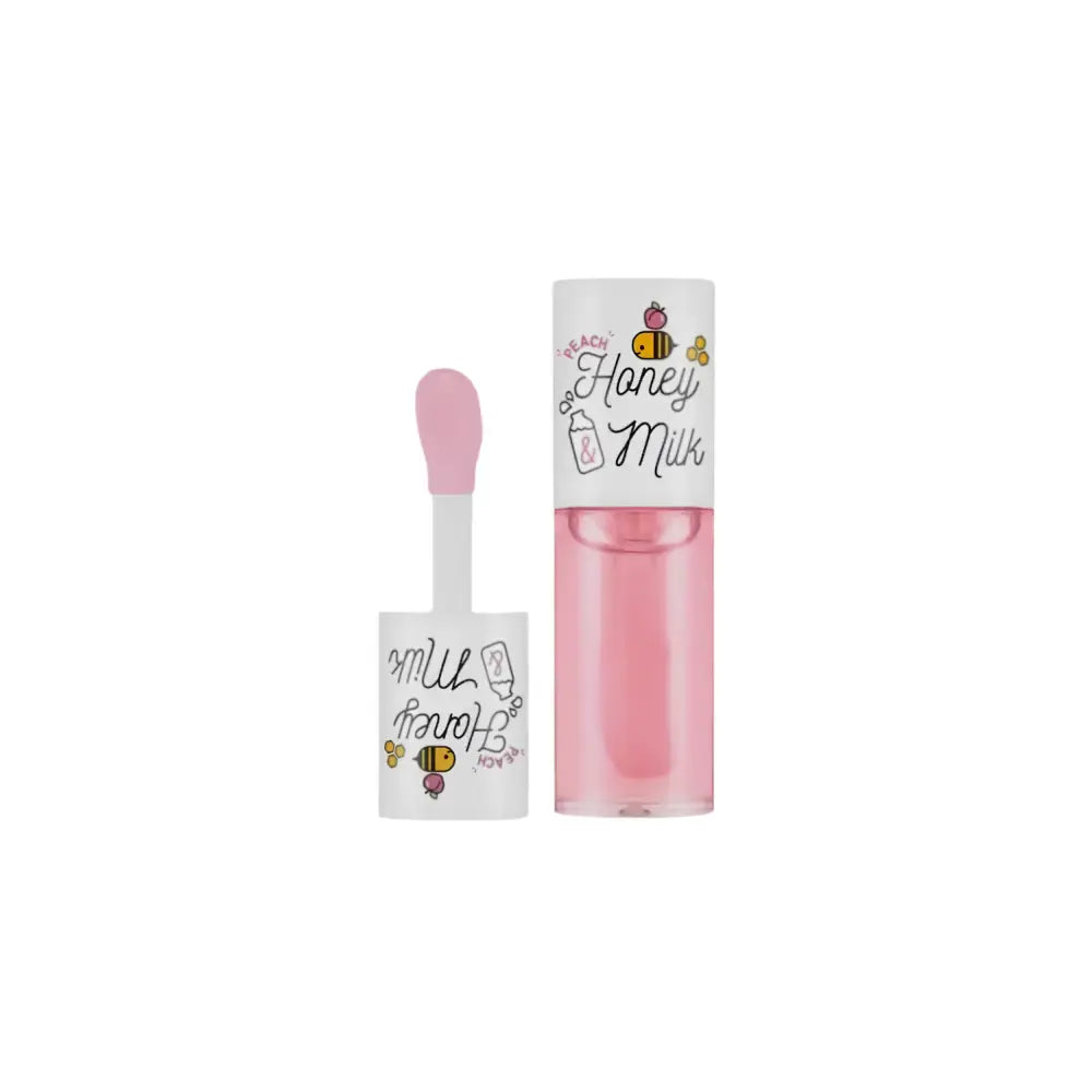Pink honey milk lip gloss in clear tube with white label and bee illustrations featuring milk protein extract for moisture barrier protection
