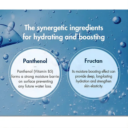 Two circular panels on a blue water droplet background explain panthenol and fructan benefits in ceuracle hyal reyouth sun SPF 50+