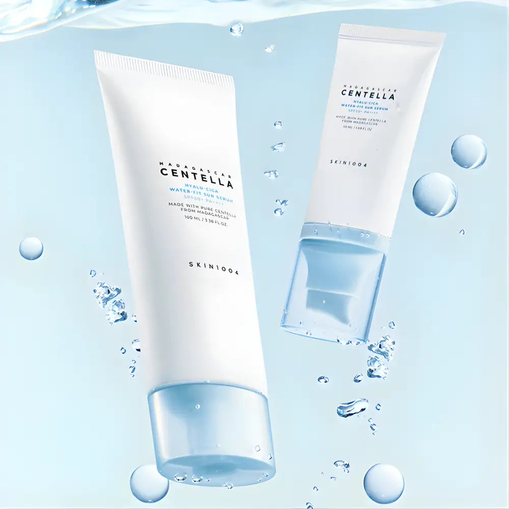 White plastic tube of skin1004 madagascar centella hyaluronic water-fit sun serum 100ml to maintain moisture in authentic korean skincare