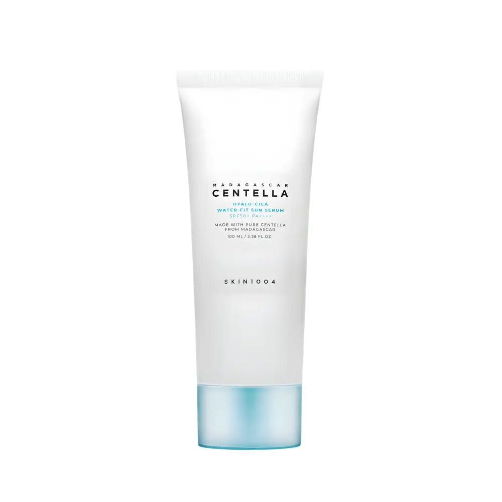 White tube of skin1004 madagascar centella hyaluronic hyalu-cica water-fit sun serum 100ml with translucent blue base for maintain moisture authentic korean skincare