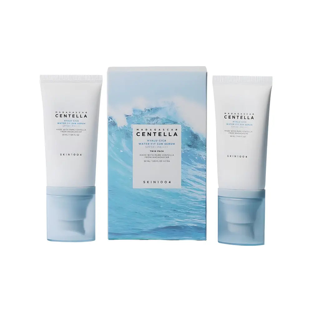 Two white tubes of hyalu cica sun serum twin pack with a blue ocean wave design box for skincare protection