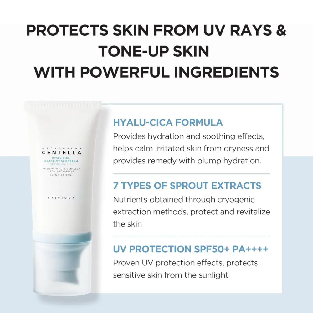 White tube of madagascar centella hyalu-cica water uv sun serum with blue cap in hyalu cica sun serum twin pack 2 x 50ml