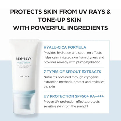 White tube of madagascar centella hyalu-cica water uv sun serum with blue cap in hyalu cica sun serum twin pack 2 x 50ml