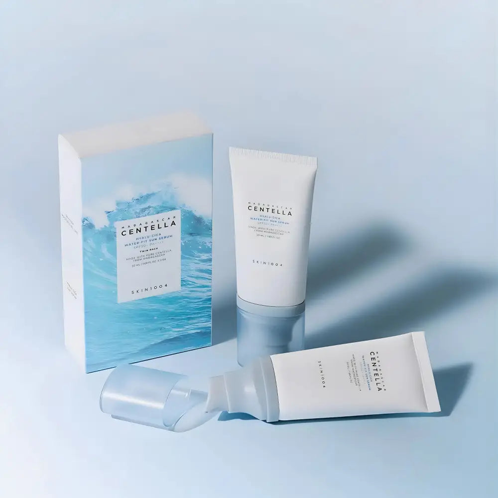 White tube of skin1004 centella hyalu cica sun serum twin pack 2 x 50ml with minimalist black text and sleek design