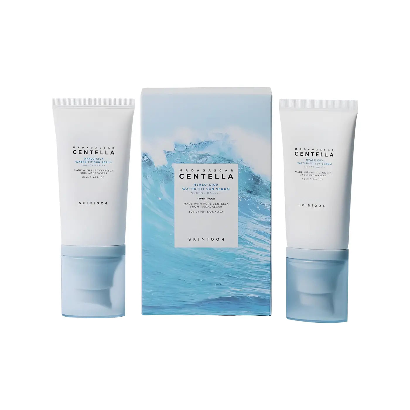 Two white tubes of madagascar centella hyalu cica sun serum twin pack with blue ocean wave box packaging