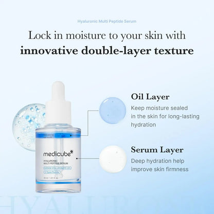 Clear glass bottle with white dropper cap and blue label containing 30ml hyaluronic multi peptide PDRN serum