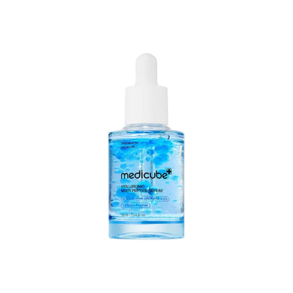 A clear blue glass bottle of medicube hyaluronic multi peptide serum with white dropper cap and visible bubbles