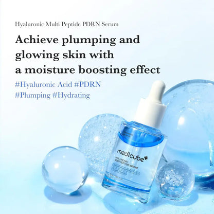 Clear glass bottle with white dropper cap containing blue medicube hyaluronic multi peptide pdrn serum 30ml