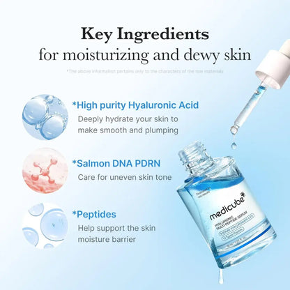 Clear glass bottle of medicube hyaluronic multi peptide serum with white dropper and blue liquid for skincare