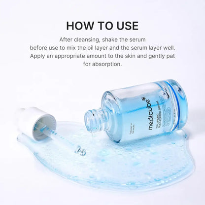 Clear glass bottle with white dropper cap containing light blue hyaluronic multi peptide pdrn serum 30ml