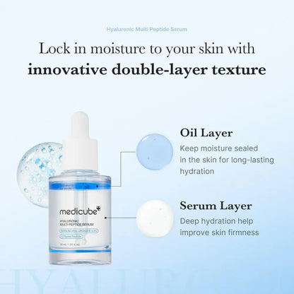 Clear glass bottle with white dropper cap and blue label containing hyaluronic multi peptide pdrn serum 30ml