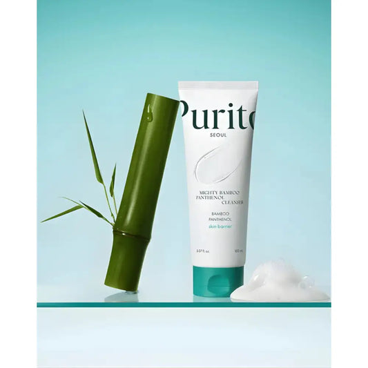 White tube of Purito Seoul mighty bamboo panthenol cleanser with teal cap and bamboo design for skincare routine