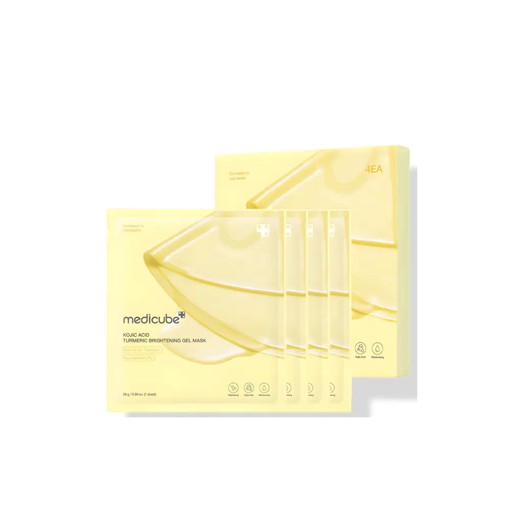 A pale yellow box of medicube kojic acid turmeric gel mask with clear window showing targeted radiance care sheets