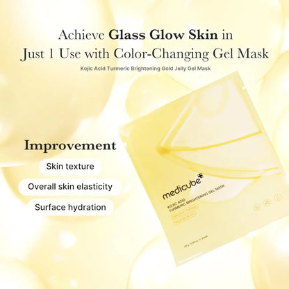A pale yellow translucent kojic acid turmeric gel mask in a sleek minimalist pouch for targeted radiance care by medicube