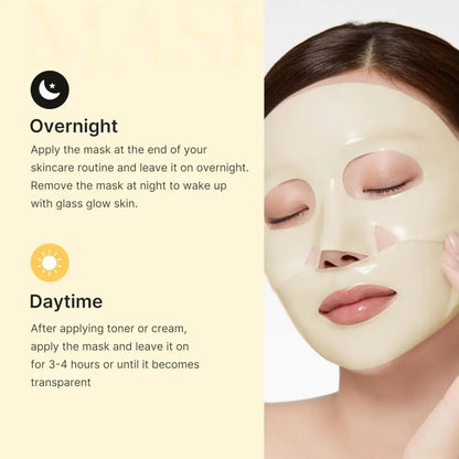 A translucent pale yellow kojic acid turmeric gel mask with glossy finish and cutouts for targeted radiance care in korean skincare