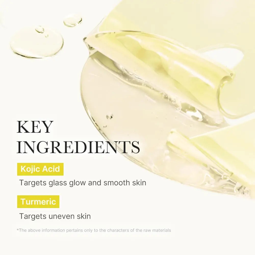A translucent pale yellow kojic acid turmeric gel mask flows from a clear glass bottle for targeted radiance care